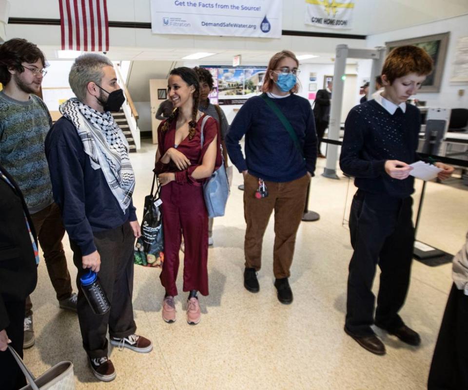 SUNY Purchase student protesters wait to face a judge in Harrison Town Court after busts at an anti-Israel protest. Seth Harrison/The Journal News / USA TODAY NETWORK