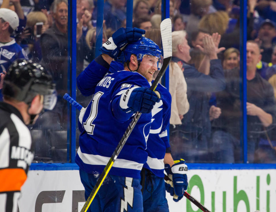 Tampa Bay Lightning captain Steven Stamkos almost turned Andrew Cogliano’s ankles into dust. (Getty)