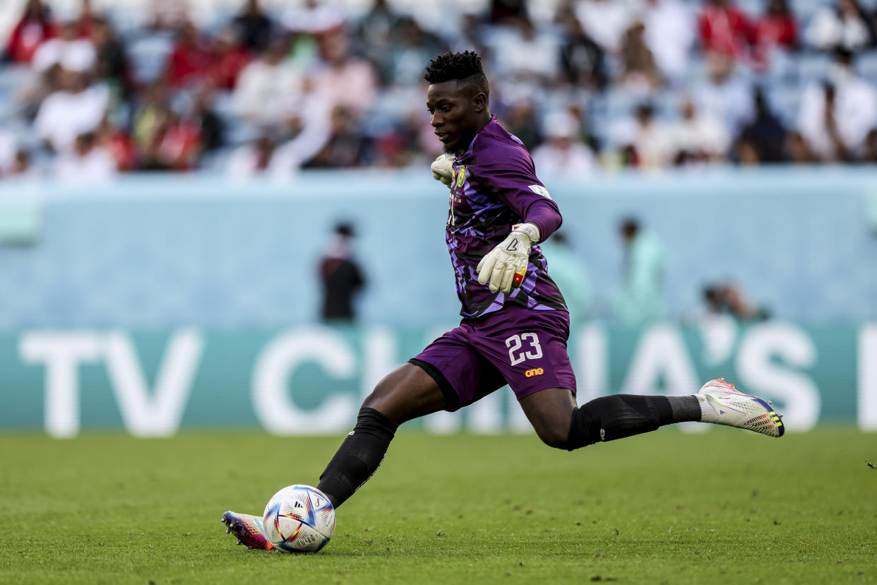 AL WAKRAH, QATAR - NOVEMBER 24: Andre Onana of Cameroon   during the FIFA World Cup Qatar 2022 Group G match between Switzerland and Cameroon at Al Janoub Stadium on November 24, 2022 in Al Wakrah, Qatar. (Photo by Maja Hitij - FIFA/FIFA via Getty Images)