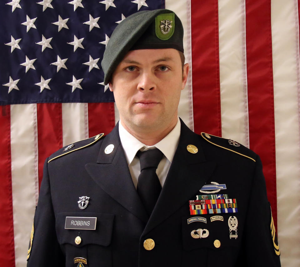 This undated image provided by the U.S. Army shows Sgt. 1st Class Elliott J. Robbins, who died Sunday, June, 30, 2019, of non-combat injuries in the Helmand Province of Afghanistan. Robbins, 31, from Ogden, Utah, and was assigned to the 10th Special Forces Group. (U.S. Army via AP)