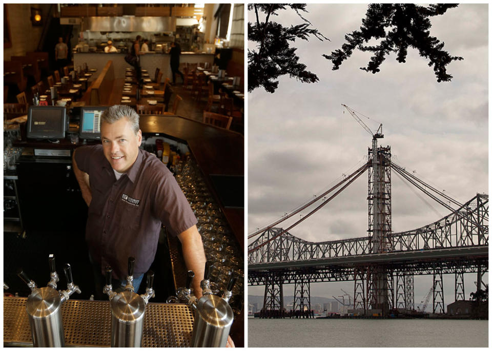 This combination photo shows, left, Nico Freccia, co-founder and chief operating officer of the 21st Amendment Brewery, posing for a photo at his bar in San Francisco, and right, a file photo of construction on the eastern span of the Oakland-San Francisco Bay Bridge, on Tuesday, Feb. 28, 2012. Amendment Brewery has opened offices in the East Bay, and is scouting space there for a 80,000-square-foot brewery, hoping to “help anchor the revitalization” of an Oakland neighborhood. (AP Photo/File)