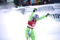 Slovenia's Ilka Stuhec celebrates at the finish area during a ski World Cup Women's Downhill, in Val Gardena, Italy, Tuesday, Dec. 18, 2018. (AP Photo/Alessandro Trovati)