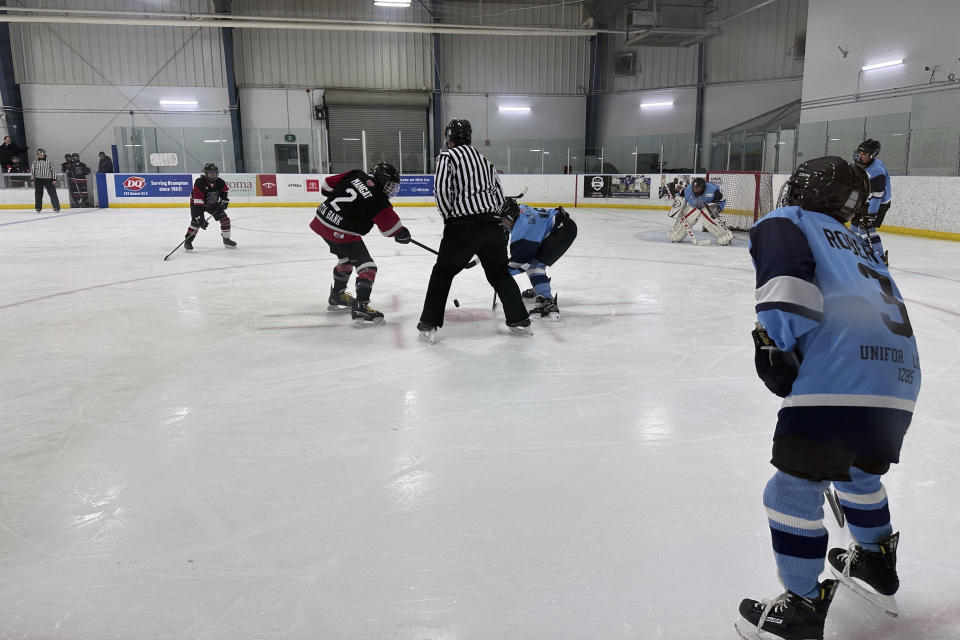 Youth hockey players take part in a game at Susan Fennell Sportsplex in Brampton, Ontario, Saturday, Feb. 3, 2024. Two years ago marked the first time the U.S. had more youth hockey players registered than Canada.(AP Photo/Stephen Whyno)