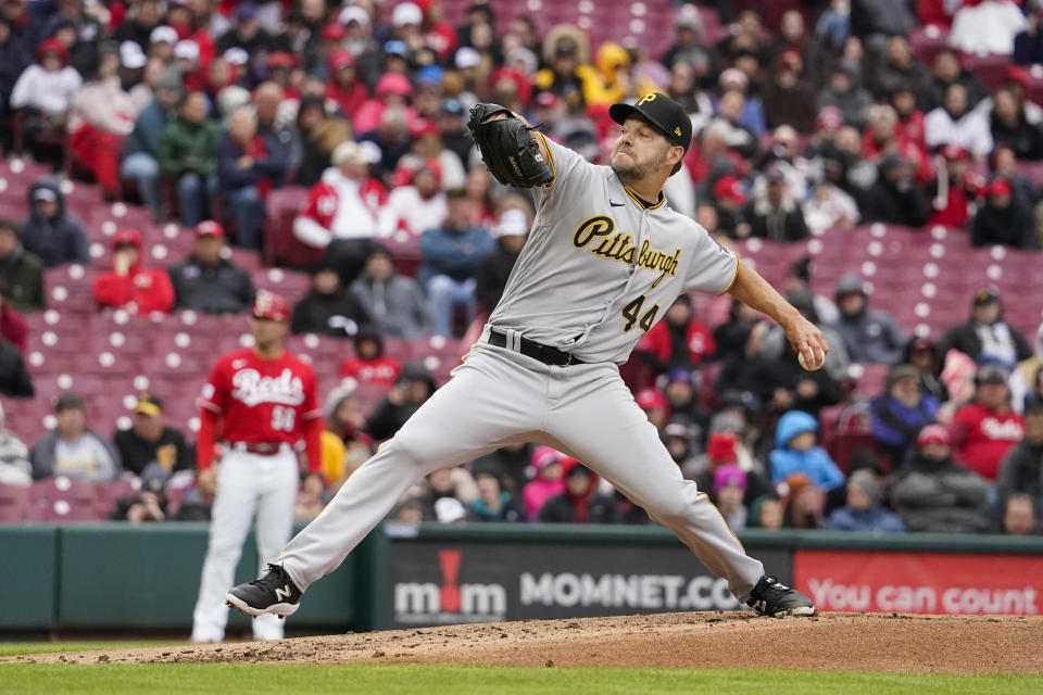 Pittsburgh Pirates starting pitcher Rich Hill delivers during the first inning of a baseball game against the Cincinnati Reds, Saturday, April 1, 2023, in Cincinnati. (AP Photo/Joshua A. Bickel)