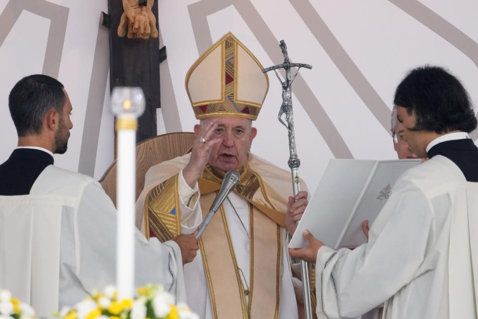 Pope Francis celebrates mass on the occasion of the 27th national Eucharistic congress, in Matera, southern Italy, Sunday, Sept. 25, 2022. (AP Photo/Andrew Medichini)