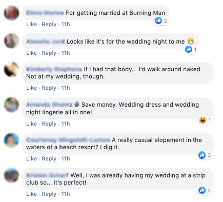 Wedding shamers blast ASOS’ see-through bridal jumpsuit joking it’s ‘for the bedroom only’. Photo: Facebook/groups/thatsitimweddingshaming.