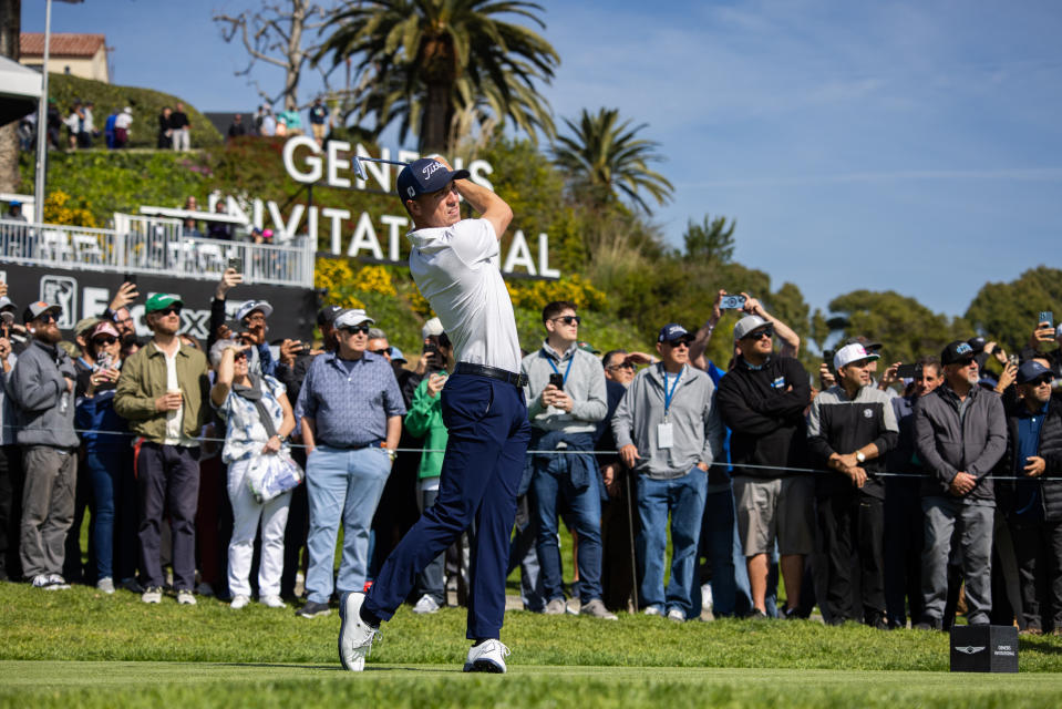 Justin Thomas on the tenth hole during the first round of The Genesis Invitational golf tournament. Mandatory Credit: Jason Parkhurst-USA TODAY Sports