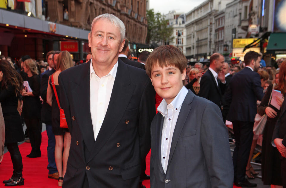 Nicholas Lyndhurst (L) and Archie Bijorn Lyndhurst attend the World Premiere of "The Bad Education Movie" at Vue West End on August 20, 2015 in London, England.  (Photo by David M. Benett/Dave Benett/WireImage)