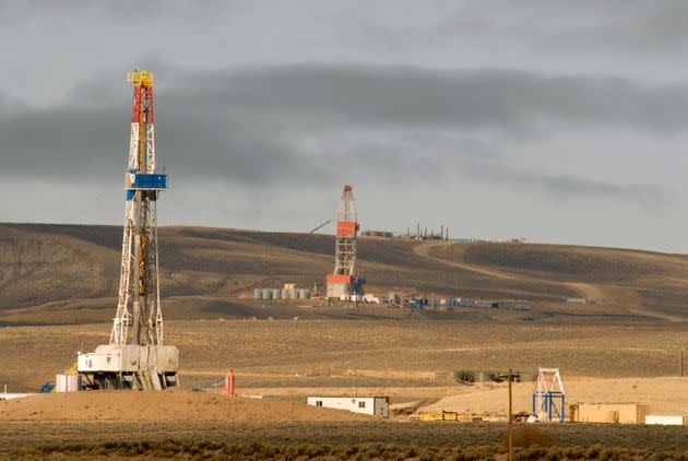 Gas rigs line the Pinedale Anticline on federal and private land near Pinedale, south of Jackson Hole, Wyoming. (Photo: William Campbell/Corbis via Getty Images)