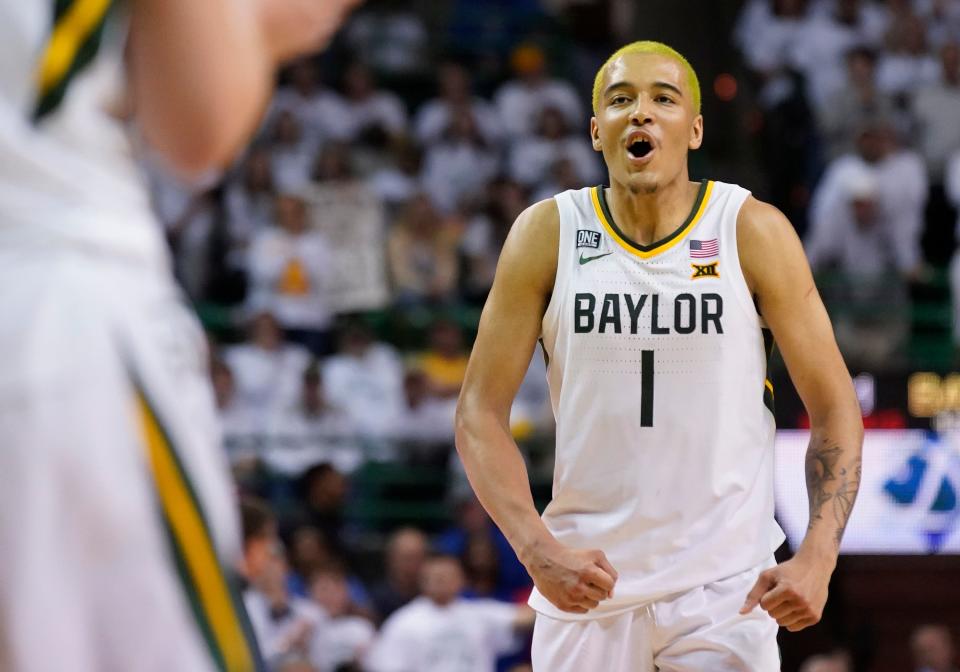 Baylor forward Jeremy Sochan reacts after a basket against Kansas during the second half of an NCAA college basketball game Saturday, Feb. 26, 2022, in Waco, Texas. (AP Photo/Ray Carlin)