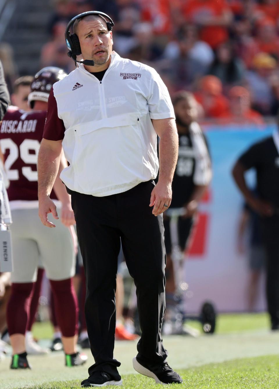 Jan 2, 2023; Tampa, FL, USA; Mississippi State Bulldogs head coach Zach Arnett against the Illinois Fighting Illini during the second half in the 2023 ReliaQuest Bowl at Raymond James Stadium. Mandatory Credit: Kim Klement-USA TODAY Sports