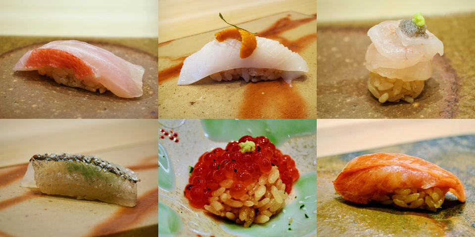 Clockwise from top left, golden eye snapper, squid and uni, sweet shrimp, otoro, ikura and needle fish at Sushi Ginza Onodera in Los Angeles. (MST Creative)