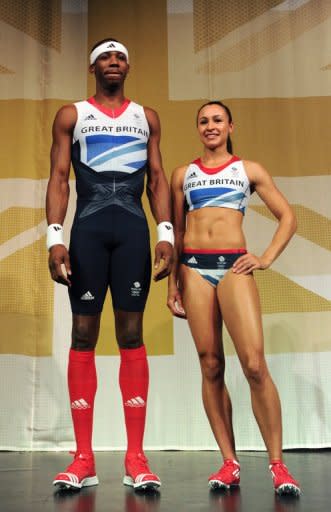 Triple jumper Phillips Idowu and heptathlete Jessica Ennis model the Team GB kit designed by Stella McCartney. The Stella McCartney-designed vests for the British team received the "gold medal for riskiness" from L'Officiel, a French fashion magazine, for their variation on the Union Jack