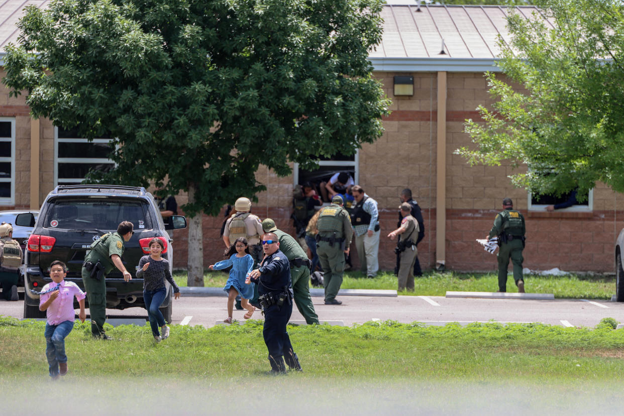 Students fled and authorities helped others evacuate after a gunman entered Robb Elementary School in Uvalde on May 24. (Courtesy Pete Luna/Uvalde Lea)