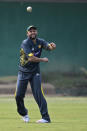 Pakistan’s Shahid Afridi, throws a ball during a practice session ahead of the Asia Cup tournament in Dhaka, Bangladesh, Sunday, Feb. 23, 2014. Pakistan plays Sri Lanka in the opening match of the five-nation one day cricket event that begins Tuesday.(AP Photo/A.M. Ahad)