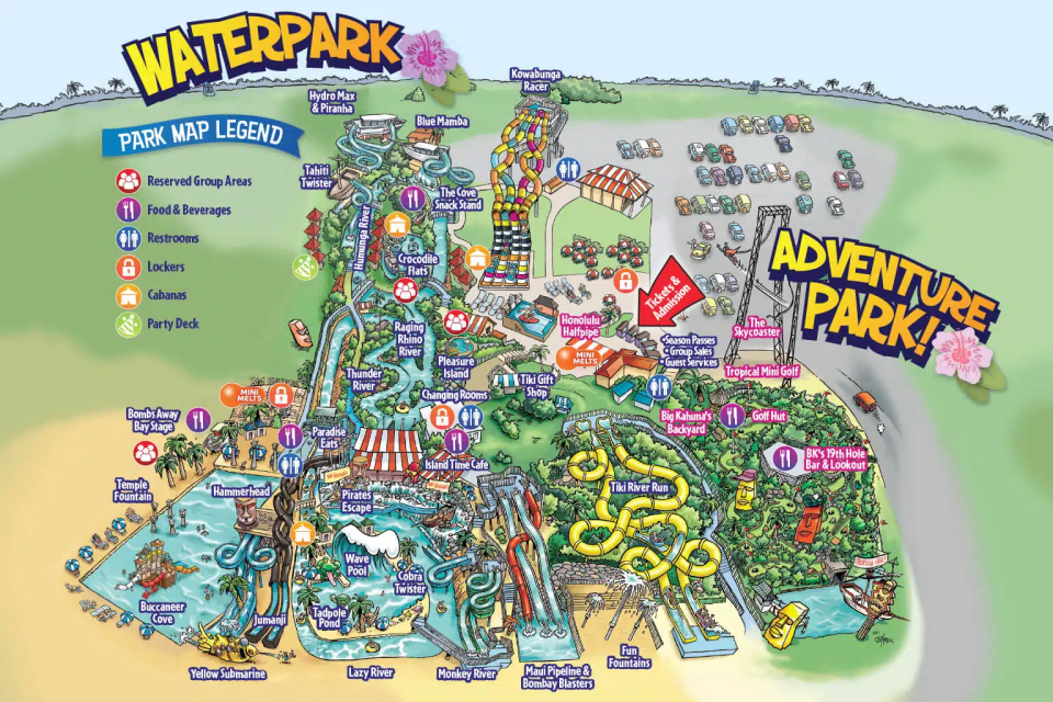 A map of Big Kahuna's Water and Adventure Park in Destin, Florida.