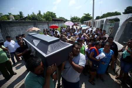 People participate in the burial of a victim of the earthquake that struck the southern coast of Mexico late on Thursday in Juchitan, Mexico, September 9, 2017. REUTERS/Edgard Garrido