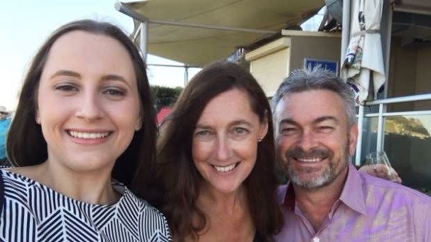 Karen is pictured with her daughter Sarah and husband Borce, who her step-son Anthony Rickard came to live with when he was 14. Photo: 7 News