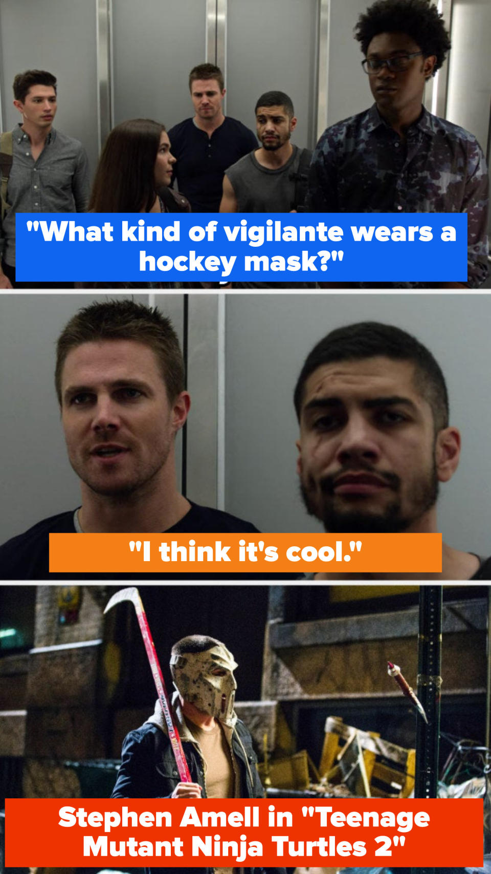 Eleanor says "What kind of vigilante wears a hockey mask?" And Oliver says he thinks it's cool on Arrow, then we see Stephen Amell wearing a hockey past in Teenage Mutant Ninja Turtles 2