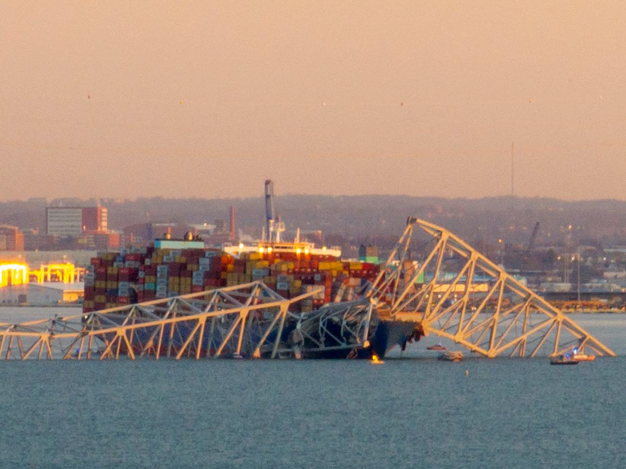 The remains of the Francis Scott Key Bridge in Baltimore after it was struck by a container ship on Tuesday.