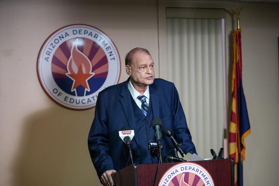 Arizona Superintendent of Public Instruction Tom Horne speaks during a news conference at the Arizona Department of Education headquarters in Phoenix on Feb.29, 2024.