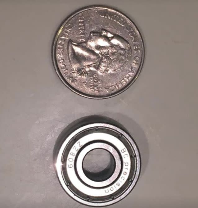 This is the size of the bearing that got lodged in Ms Joniec daughter's throat. Photos: Facebook / Kelly Rose Joniec