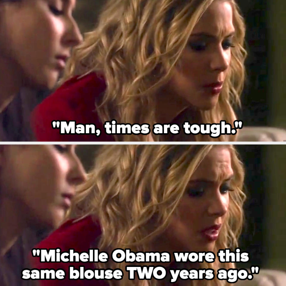 Two panels from a TV show with a female character looking upset. Top panel text: "Man, times are tough." Bottom panel text: "Michelle Obama wore this same blouse TWO years ago."