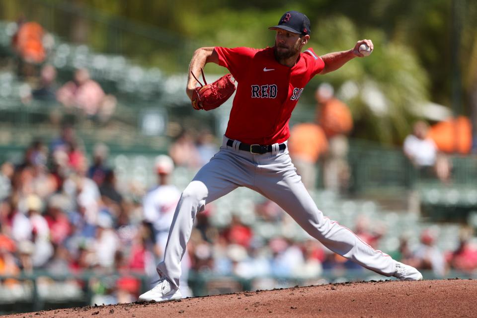 Mar 21, 2023; Sarasota, Florida, USA;  Boston Red Sox starting pitcher Chris Sale (41) throws a pitch against the  Baltimore Orioles in the first inning during spring training at Ed Smith Stadium. Mandatory Credit: Nathan Ray Seebeck-USA TODAY Sports