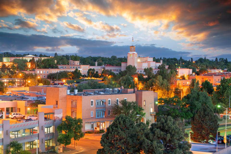 Santa Fe, New Mexico, USA downtown skyline at dusk.