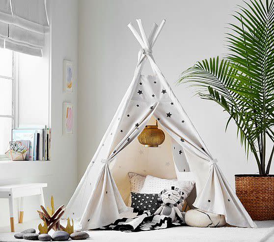 <p>When it comes to designing the perfect playhouse, skip the mini wooden cottages and try out a teepee. They can be indoor or outdoor, are ridiculously easy to put up and move around, and <a rel="nofollow noopener" href="https://www.housebeautiful.com/lifestyle/a21058254/playroom-teepee-outdoor-playhouse/" target="_blank" data-ylk="slk:won't cost you a fortune;elm:context_link;itc:0;sec:content-canvas" class="link ">won't cost you a fortune</a>. We've got everything from glow-in-the-dark to color-your-own teepees on this list. Go wild.</p>