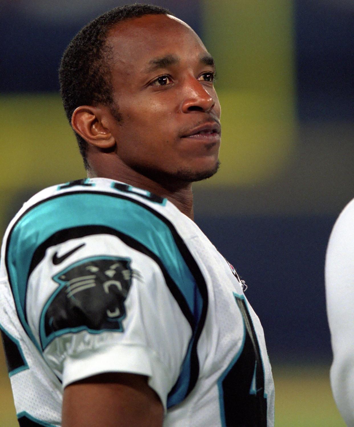 Defensive back Rashard Anderson #46 of the Carolina Panthers looks on from the sideline during a preseason game against the Pittsburgh Steelers at Three Rivers Stadium on August 10, 2000 in Pittsburgh, Pennsylvania.