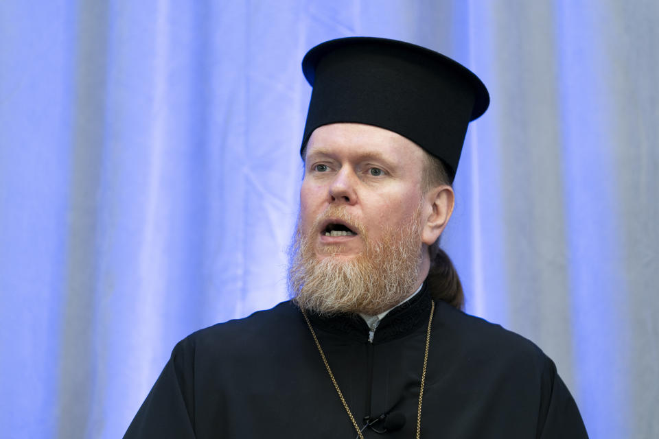 Archbishop Yevstratiy Zorya speaks during a panel discussion among an interfaith delegation of Ukrainian religious leaders, hosted by the U.S. Institute of Peace, Monday, Oct. 30, 2023, in Washington. (AP Photo/Stephanie Scarbrough)