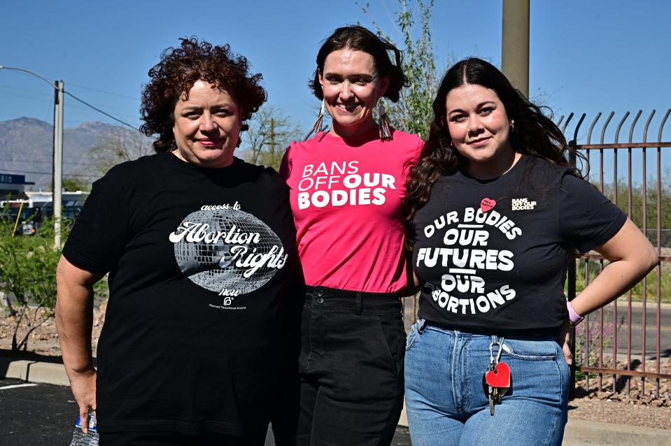 Women pose for pictures after attending an event with US Vice President Kamala Harris on reproductive freedom at El Rio Neighborhood Center in Tucson, Arizona, on April 12, 2024. The top court in Arizona on April 9, 2024, ruled a 160-year-old near total ban on abortion is enforceable, thrusting the issue to the top of the agenda in a key US presidential election swing state.