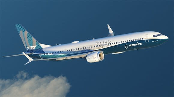 A rendering of a Boeing 737 MAX 10 in flight