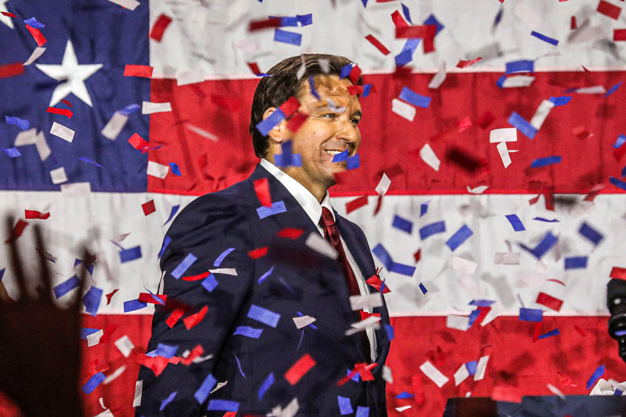 Image: Republican gubernatorial candidate for Florida Ron DeSantis walks onstage during an election night watch party at the Convention Center in Tampa, Fla., on Nov. 8, 2022. (Giorgio Viera / AFP - Getty Images)