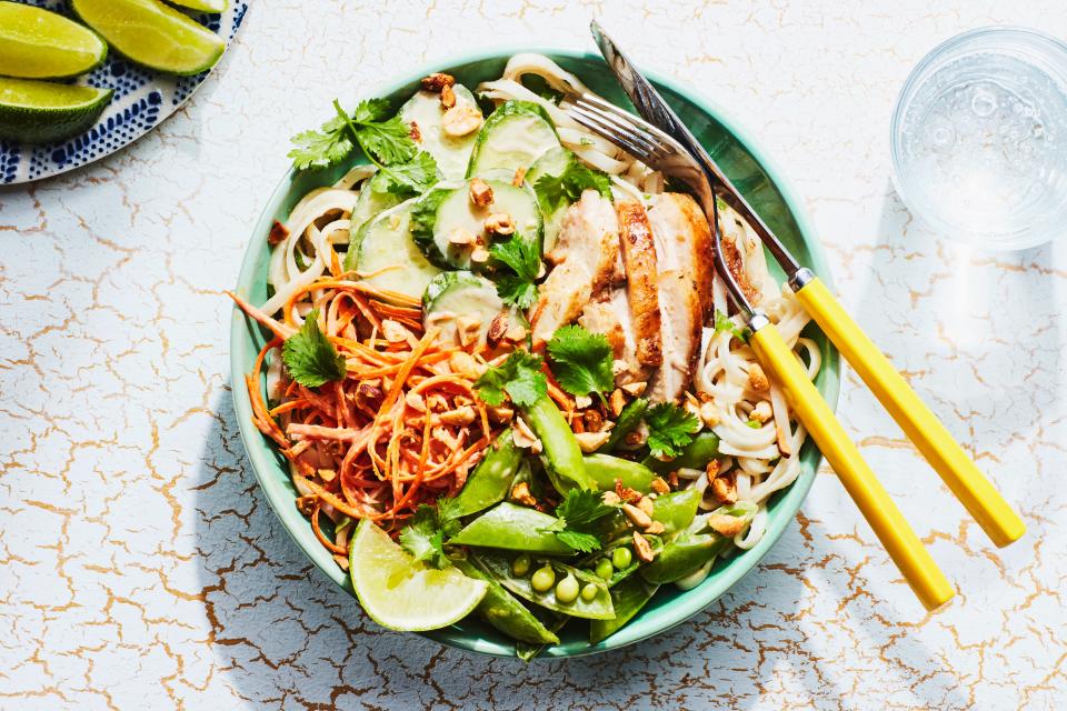 Rice Noodles with Peanut Sauce, Chicken, and Snap Peas