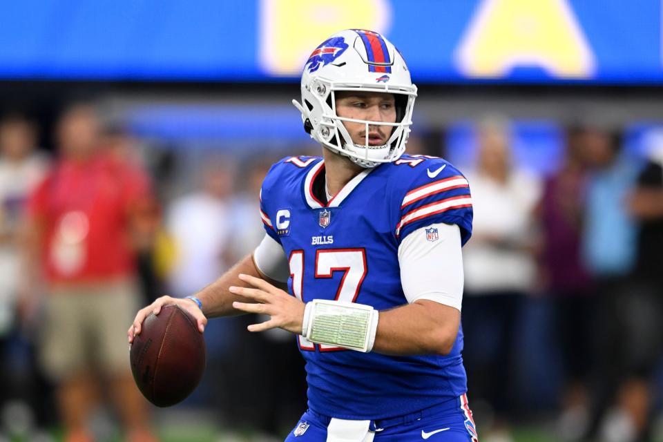 Buffalo Bills quarterback Josh Allen (17) plays during an NFL football game against the Los Angeles Rams Sept. 8, 2022, in Inglewood, Calif.