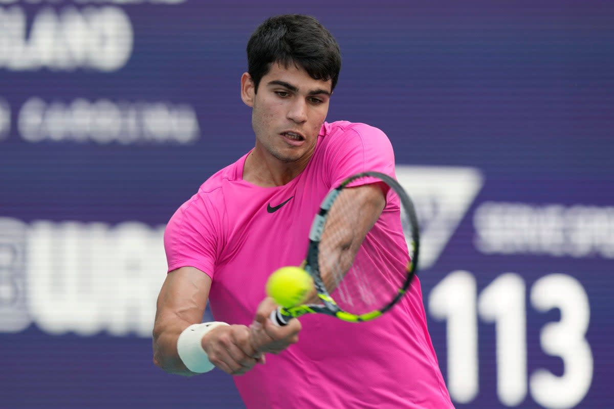 Carlos Alcaraz beat Dusan Lajovic 6-0 7-6 (5) in Miami (Marta Lavandier/AP) (AP)