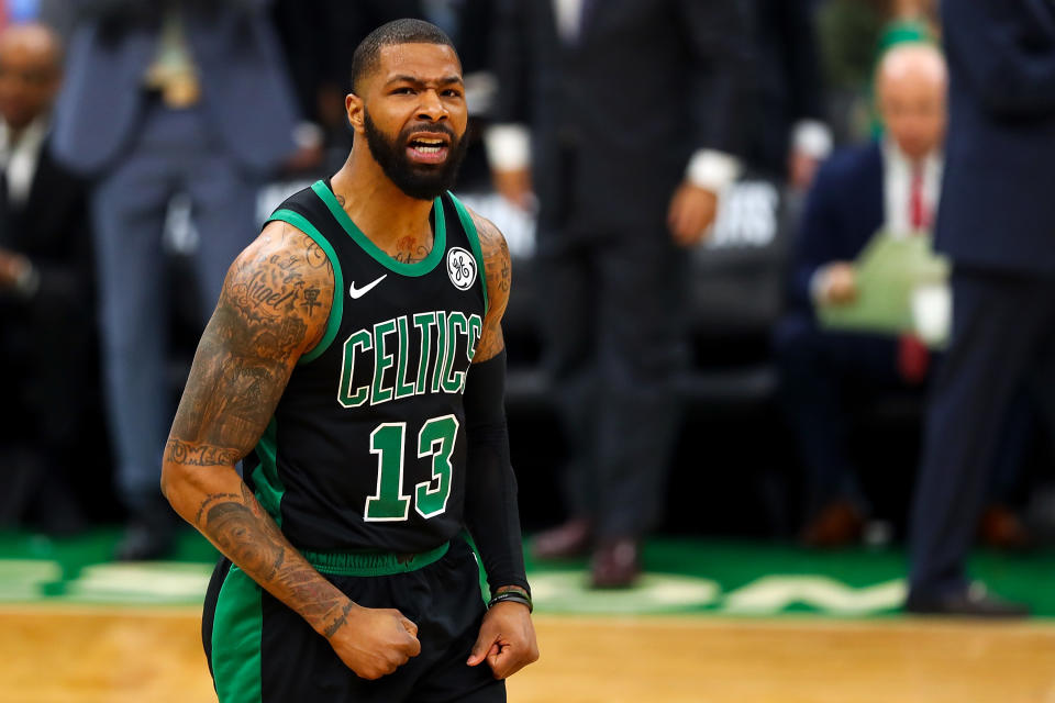 BOSTON, MA - APRIL 14:  Marcus Morris #13 of the Boston Celtics reacts during Game One of the first round of the 2019 NBA Eastern Conference Playoffs against the Indiana Pacers at TD Garden on April 14, 2019 in Boston, Massachusetts. NOTE TO USER: User expressly acknowledges and agrees that, by downloading and or using this photograph, User is consenting to the terms and conditions of the Getty Images License Agreement. (Photo by Adam Glanzman/Getty Images)