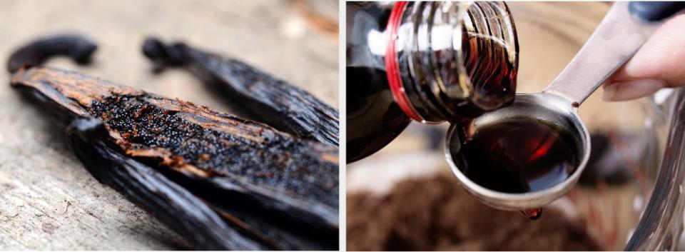 vanilla pods vs a close-up of vanilla extract being poured into a teaspoon