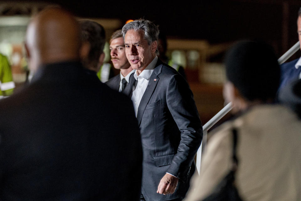 U.S. Secretary of State Antony Blinken arrives at Lanseria International Airport in Johannesburg, South Africa, Sunday, Aug. 7, 2022. Blinken is on a ten day trip to Cambodia, Philippines, South Africa, Congo, and Rwanda. (AP Photo/Andrew Harnik, Pool)