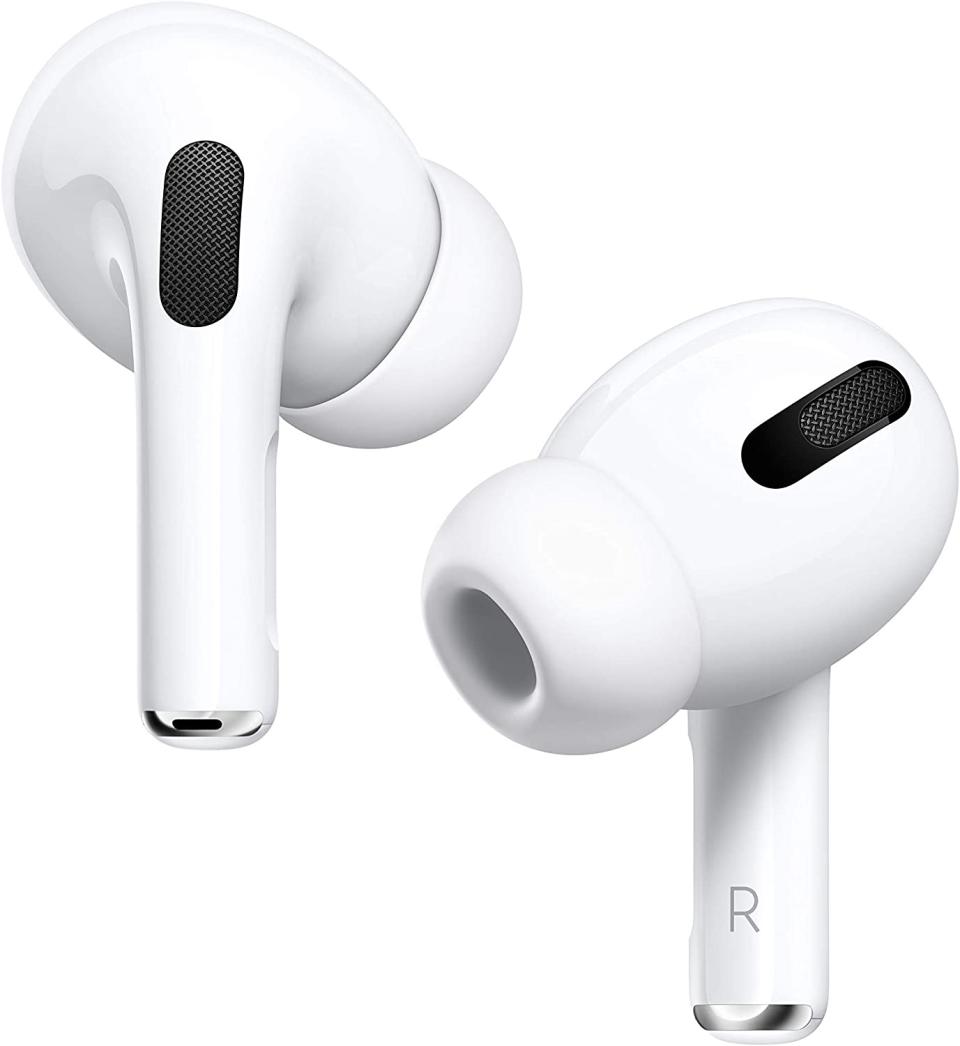 A pair of Apple AirPods Pro wireless earphones on a white background