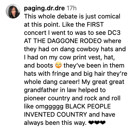 Text summary: User expresses humorous disbelief about cowboy hats and boots at a DC3 concert, considers it a nod to Black people's impact on country music