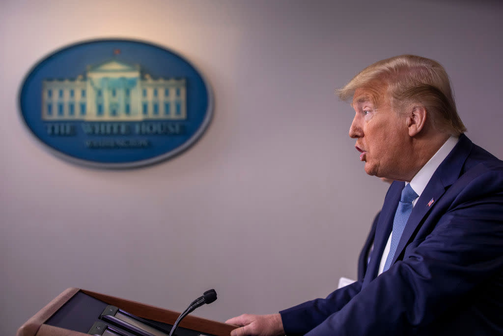  Donald Trump speaks during a briefing in the James Brady Press Briefing Room at the White House on March 21, 2020 . 