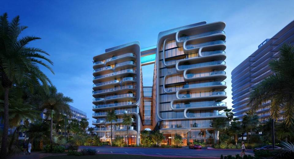 Although asking prices have yet to be set, the condo residences would likely cost over $1 million, given the 57 units, layout and prices for nearby Surfside waterfront luxury residences. This is a rendering of one of two design options for the project.