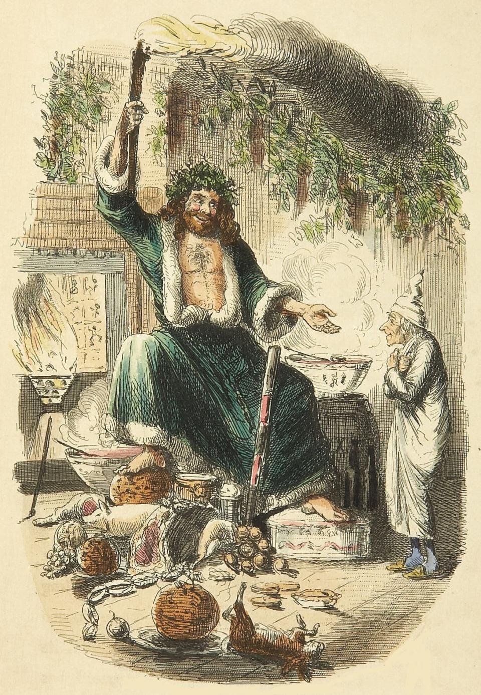 The Ghost of Christmas Present visits Scrooge, illustrated by John Leech, from the original 1834 edition of “A Christmas Carol" by Charles Dickens. Among the items at his feet is a "Twelfth Cake." Also known as a King Cake.