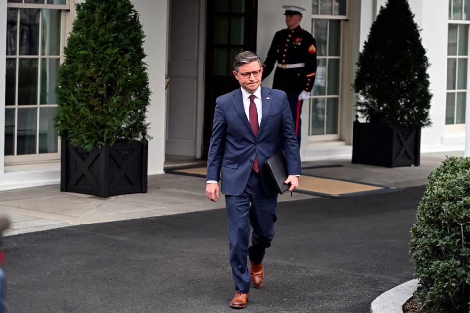 House Speaker Mike Johnson (R-LA) leaves the West Wing of the White House after meeting with U.S. President Joe Biden, Vice President Kamala Harris, Senate Minority Leader Mitch McConnell (R-KY), Senate Majority Leader Chuck Schumer (D-NY) and House Minority Leader Hakeem Jeffries (D-NY) at the White House in Washington, DC on Feb. 27, 2024. (Roberto Schmidt/Getty Images)