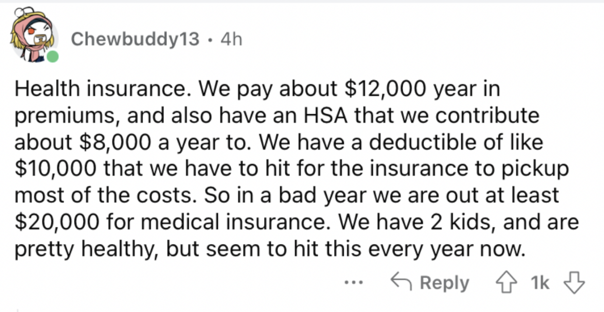 Reddit screenshot about how health insurance is wildly expensive to keep.