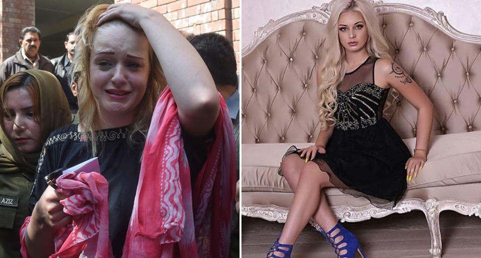 Tereza Hluskova, 22, from the Czech Republic, was jailed after facing court in Lahore, Pakistan after trying to smuggle 8.5kg of heroin. She’s pictured (left) crying outside of court after sentencing. Source: Getty Images and Instagram/ Tereza Hluskova