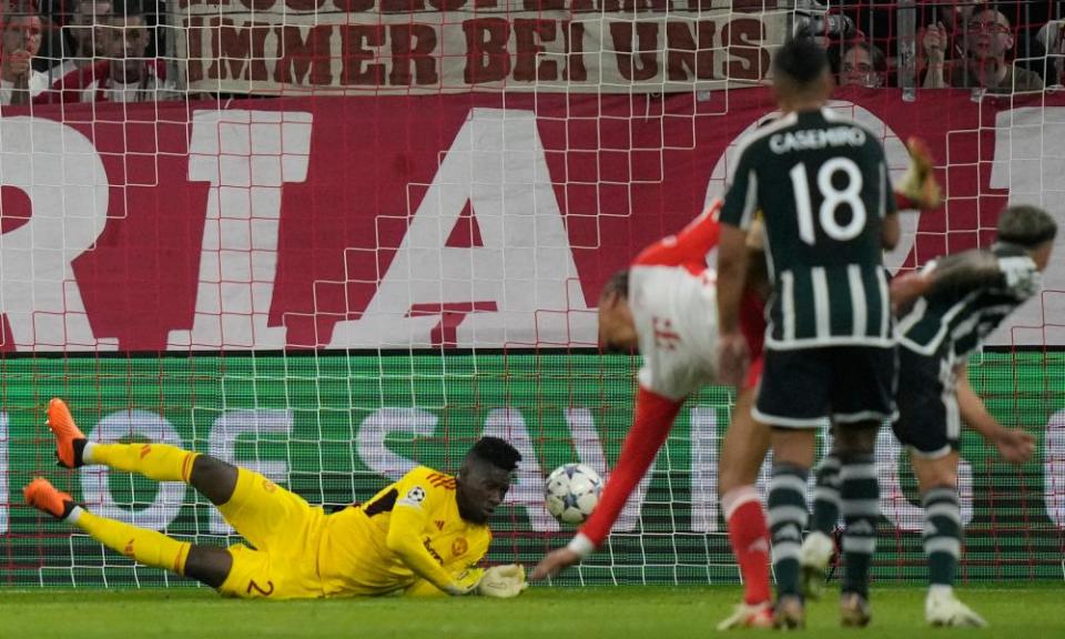 Leroy Sané scores Bayern Munich’s opening goal against Manchester United in the Champions League.